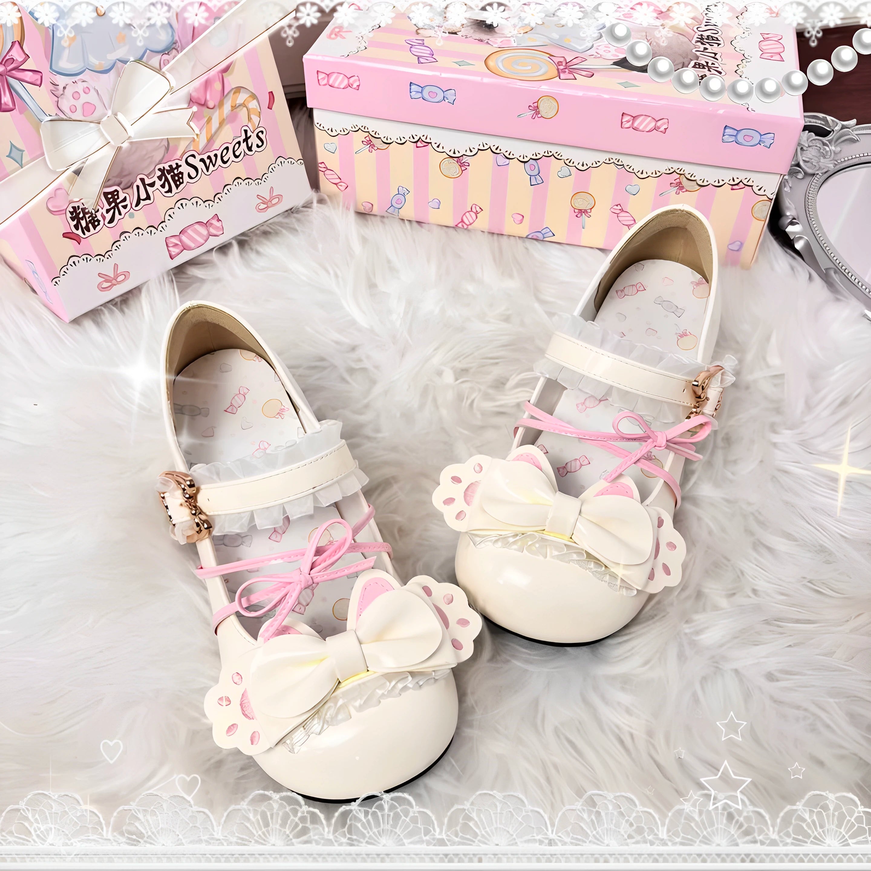 [Sweetheart Meow Pie] Candy Kitten Original Lolita Cat Paw Bow Round Toe High Heel Lo Shoes Women's Single Shoes
