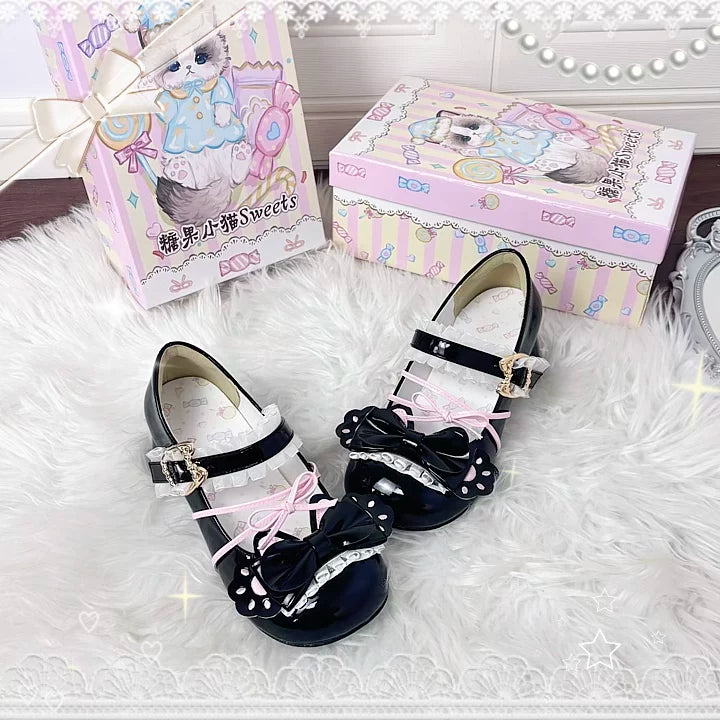 [Sweetheart Meow Pie] Candy Kitten Original Lolita Cat Paw Bow Round Toe High Heel Lo Shoes Women's Single Shoes