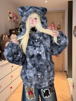 Cat Embroidery Hooded Fuzzy Gradient Loose Coat 1249 - LolitaEraGraySCat Embroidery Hooded Fuzzy Gradient Loose Coat 1249
