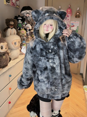 Cat Embroidery Hooded Fuzzy Gradient Loose Coat 1249 - LolitaEraYellowSCat Embroidery Hooded Fuzzy Gradient Loose Coat 1249