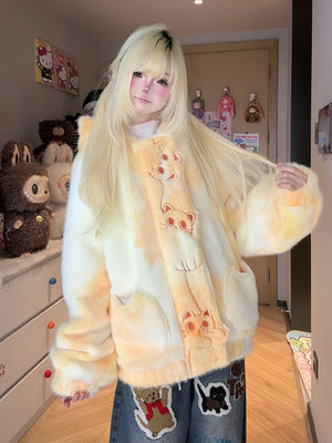 Cat Embroidery Hooded Fuzzy Gradient Loose Coat 1249 - LolitaEraYellowSCat Embroidery Hooded Fuzzy Gradient Loose Coat 1249