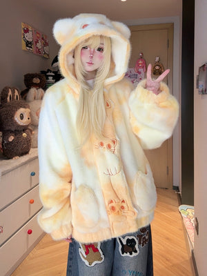Cat Embroidery Hooded Fuzzy Gradient Loose Coat 1249 - LolitaEraYellowSCat Embroidery Hooded Fuzzy Gradient Loose Coat 1249