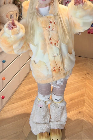 Cat Embroidery Hooded Fuzzy Gradient Loose Coat 1249 - LolitaEraYellowSCat Embroidery Hooded Fuzzy Gradient Loose Coat 1249