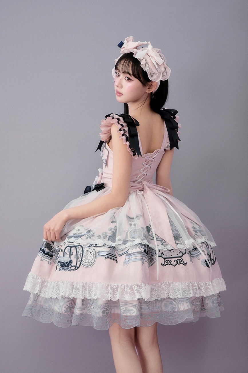 Celadon Jade Cup Blue White Porcelain Floral Basket Wa Lolita JSK Dress - LolitaEra