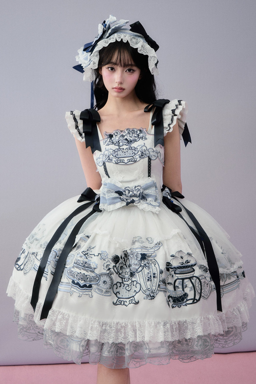 Celadon Jade Cup Blue White Porcelain Floral Basket Wa Lolita JSK Dress - LolitaEra
