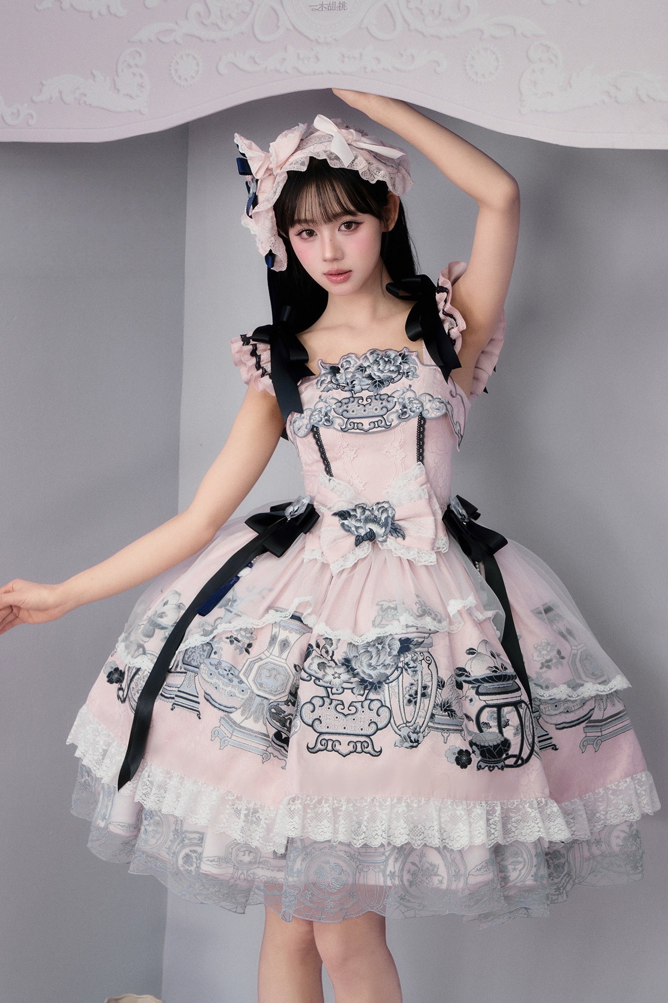 Celadon Jade Cup Blue White Porcelain Floral Basket Wa Lolita JSK Dress - LolitaEra