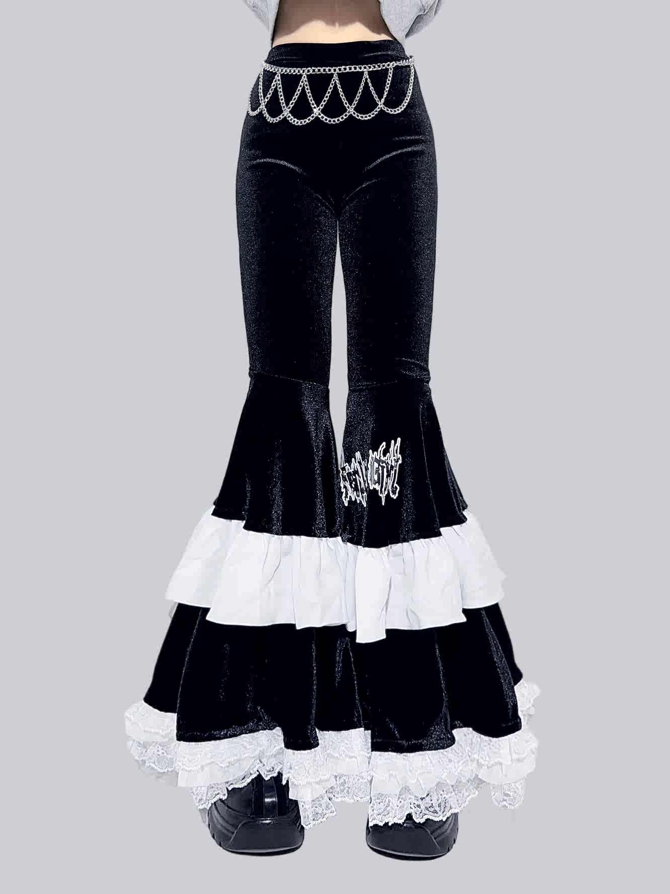 Century Girl Dark Cake Ruffle High Waist Flare Pants - LolitaEraBlack PantsSCentury Girl Dark Cake Ruffle High Waist Flare Pants