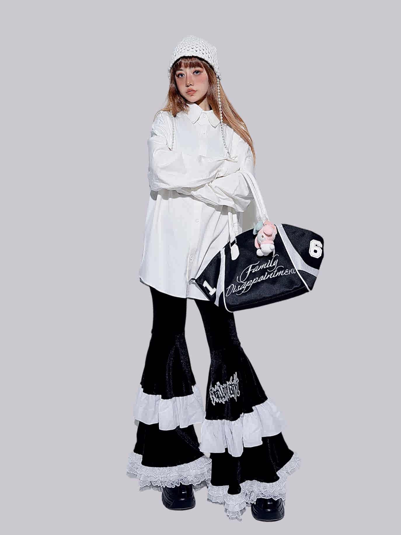 Century Girl Dark Cake Ruffle High Waist Flare Pants - LolitaEraBlack PantsSCentury Girl Dark Cake Ruffle High Waist Flare Pants