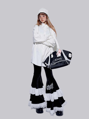 Century Girl Dark Cake Ruffle High Waist Flare Pants - LolitaEraBlack PantsSCentury Girl Dark Cake Ruffle High Waist Flare Pants