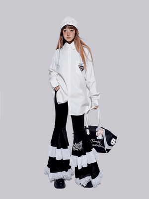 Century Girl Dark Cake Ruffle High Waist Flare Pants - LolitaEraBlack PantsSCentury Girl Dark Cake Ruffle High Waist Flare Pants