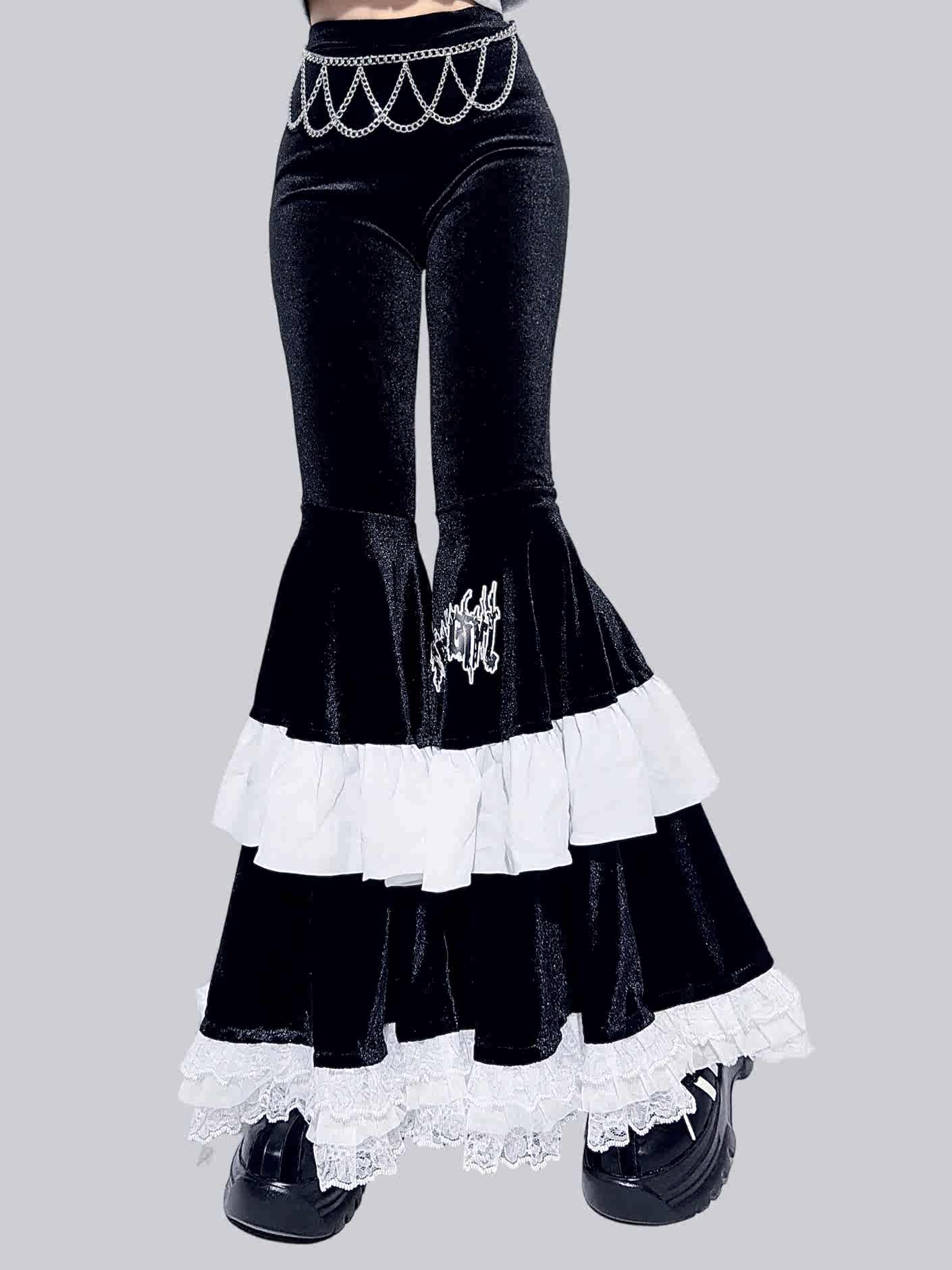 Century Girl Dark Cake Ruffle High Waist Flare Pants - LolitaEraPants+BeltSCentury Girl Dark Cake Ruffle High Waist Flare Pants