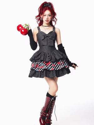 Cherry Denim Lolita Blue JSK Short Dress 1318 - LolitaEraBlack SetSCherry Denim Lolita Blue JSK Short Dress 1318