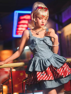 Cherry Denim Lolita Blue JSK Short Dress 1318 - LolitaEraBlueSCherry Denim Lolita Blue JSK Short Dress 1318