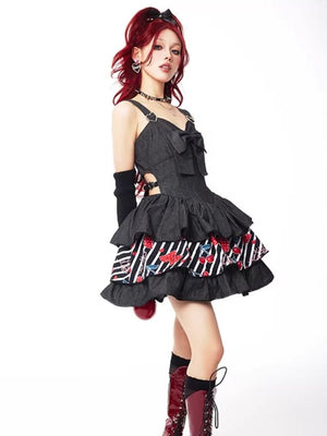 Cherry Denim Lolita Blue JSK Short Dress 1318 - LolitaEraBlack SetSCherry Denim Lolita Blue JSK Short Dress 1318