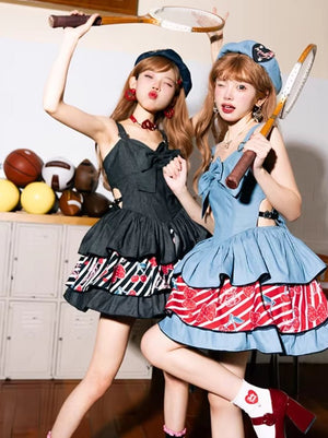 Cherry Denim Lolita Blue JSK Short Dress 1318 - LolitaEraBlack SetSCherry Denim Lolita Blue JSK Short Dress 1318