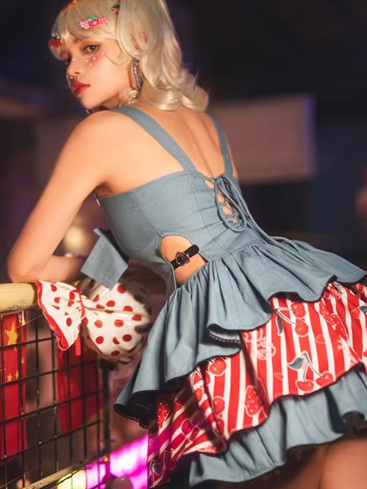 Cherry Denim Lolita Blue JSK Short Dress 1318 - LolitaEraBlueSCherry Denim Lolita Blue JSK Short Dress 1318