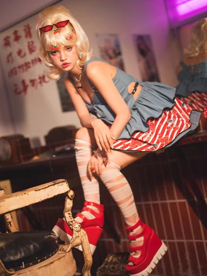 Cherry Denim Lolita Blue JSK Short Dress 1318 - LolitaEraBlueSCherry Denim Lolita Blue JSK Short Dress 1318