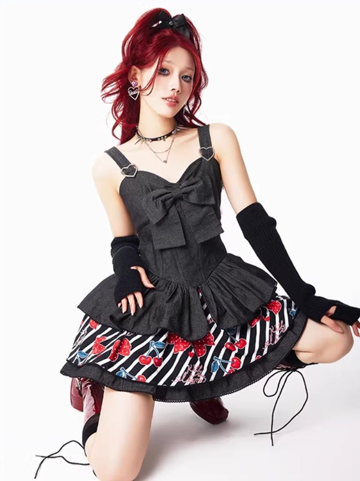 Cherry Denim Lolita Blue JSK Short Dress 1318 - LolitaEraBlack SetSCherry Denim Lolita Blue JSK Short Dress 1318