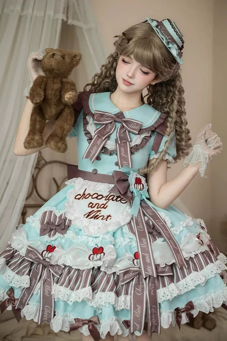 Green [Cherry Mille-Feuille] Lapel Collar Short Sleeves Triple-Layered Printed Ruffled Bow Lace Princess Sweet Lolita Dress