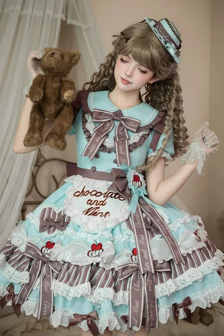 Green [Cherry Mille-Feuille] Lapel Collar Short Sleeves Triple-Layered Printed Ruffled Bow Lace Princess Sweet Lolita Dress