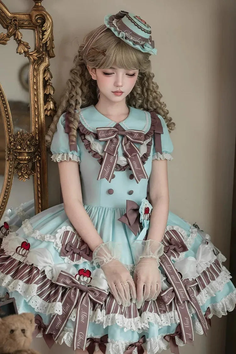 Green [Cherry Mille-Feuille] Lapel Collar Short Sleeves Triple-Layered Printed Ruffled Bow Lace Princess Sweet Lolita Dress