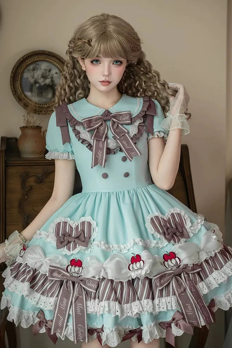 Green [Cherry Mille-Feuille] Lapel Collar Short Sleeves Triple-Layered Printed Ruffled Bow Lace Princess Sweet Lolita Dress