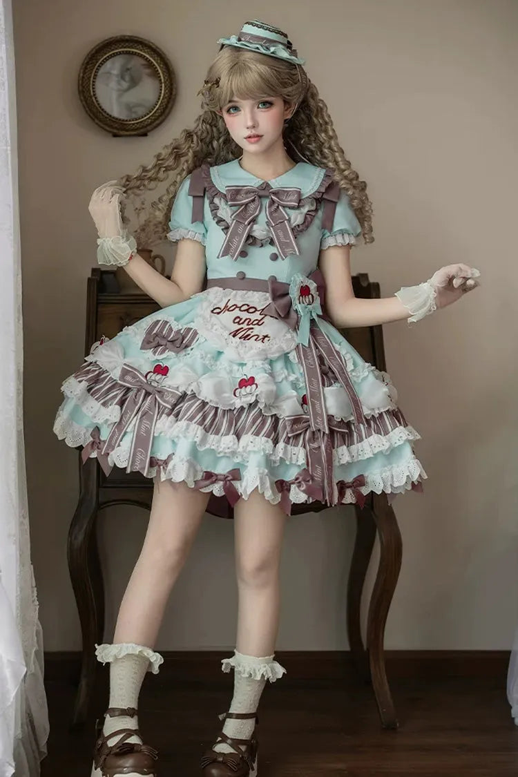 Green [Cherry Mille-Feuille] Lapel Collar Short Sleeves Triple-Layered Printed Ruffled Bow Lace Princess Sweet Lolita Dress