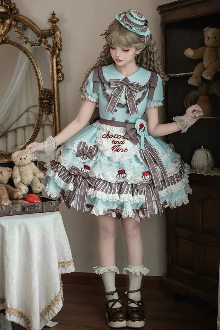 Green [Cherry Mille-Feuille] Lapel Collar Short Sleeves Triple-Layered Printed Ruffled Bow Lace Princess Sweet Lolita Dress