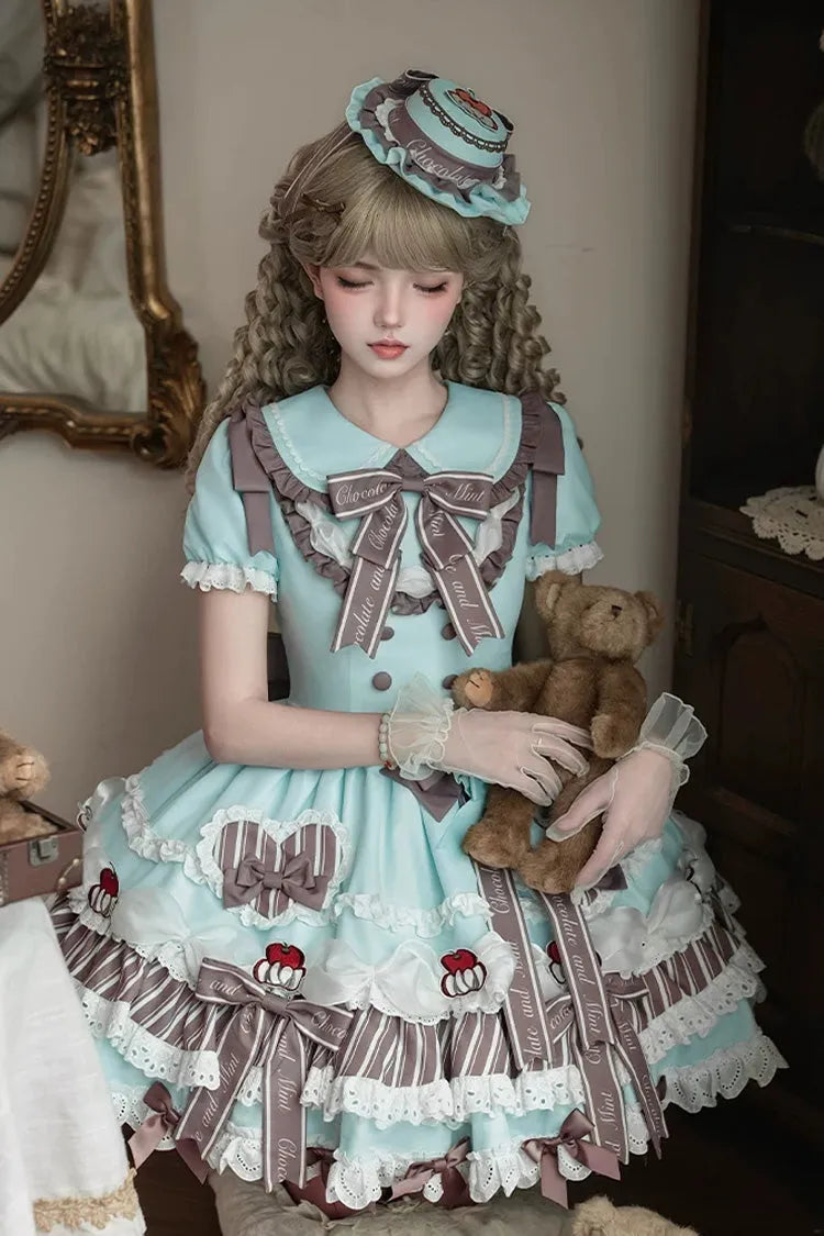 Green [Cherry Mille-Feuille] Lapel Collar Short Sleeves Triple-Layered Printed Ruffled Bow Lace Princess Sweet Lolita Dress