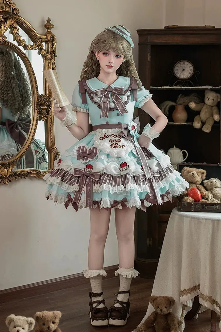 Green [Cherry Mille-Feuille] Lapel Collar Short Sleeves Triple-Layered Printed Ruffled Bow Lace Princess Sweet Lolita Dress