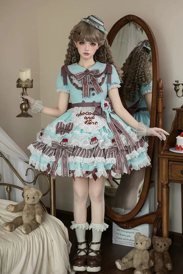 Green [Cherry Mille-Feuille] Lapel Collar Short Sleeves Triple-Layered Printed Ruffled Bow Lace Princess Sweet Lolita Dress