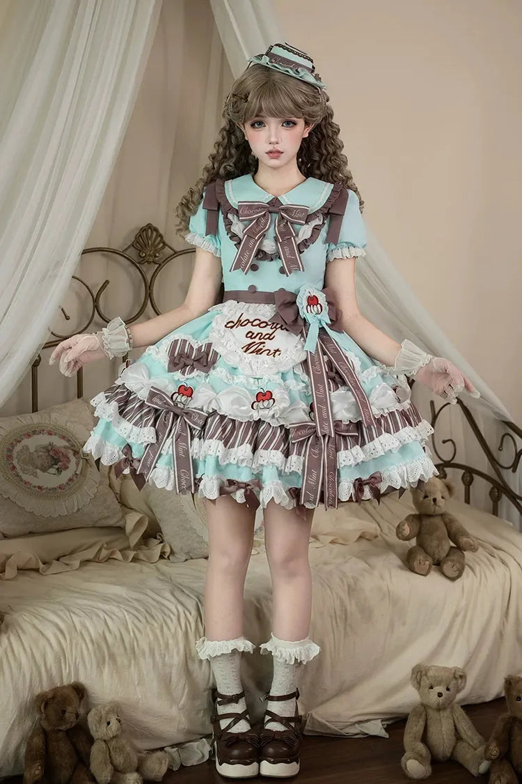 Green [Cherry Mille-Feuille] Lapel Collar Short Sleeves Triple-Layered Printed Ruffled Bow Lace Princess Sweet Lolita Dress