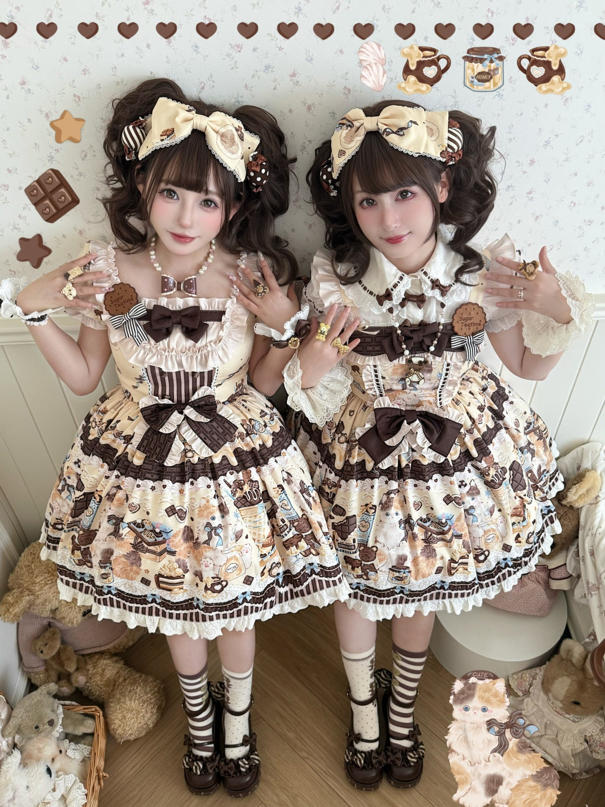 Chocolate Cake Party Mint Green Beige Honey Cat Print Sweet Lolita JSK Dress - LolitaEra