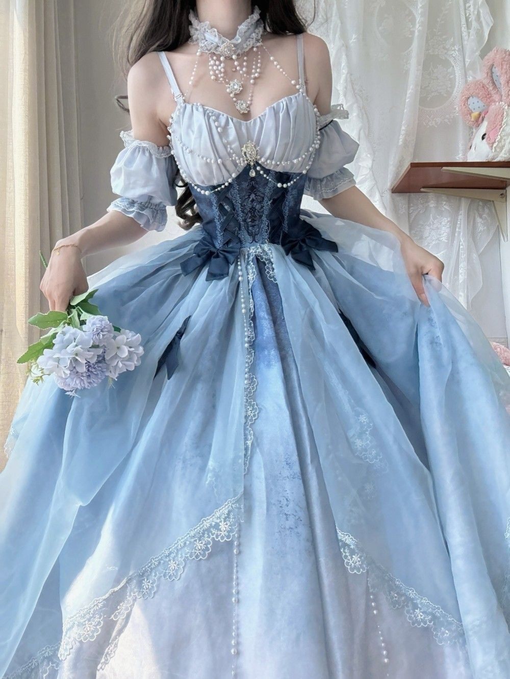 Cinderella's Escape at Dusk Elegant Lolita OP Dress LE1198 - LolitaEraBlue setSCinderella's Escape at Dusk Elegant Lolita OP Dress LE1198