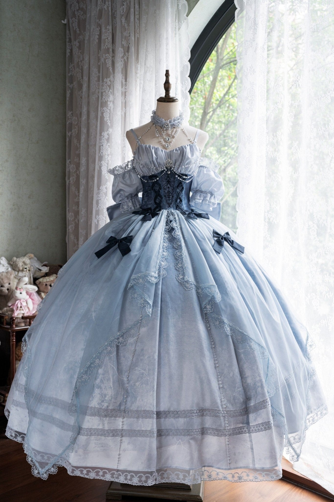 Cinderella's Escape at Dusk Elegant Lolita OP Dress LE1198 - LolitaEraBlue setSCinderella's Escape at Dusk Elegant Lolita OP Dress LE1198