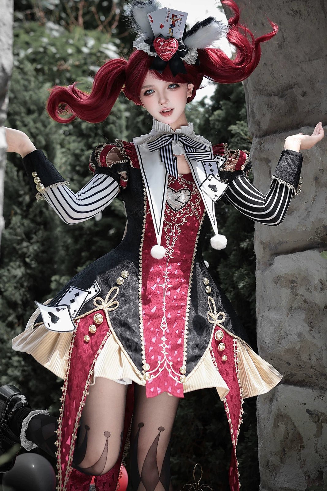 Circus Night Wine Red Black Playing Card Jester Lolita Dress - LolitaEra