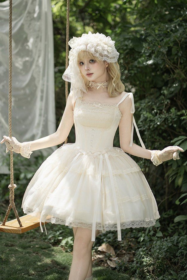 Confession Poem Boned JSK Summer Lolita Dress - LolitaEraLong JSK 4 - Piece Set (Long JSK + Headband + Flower Veil + Inner Top)SConfession Poem Boned JSK Summer Lolita Dress