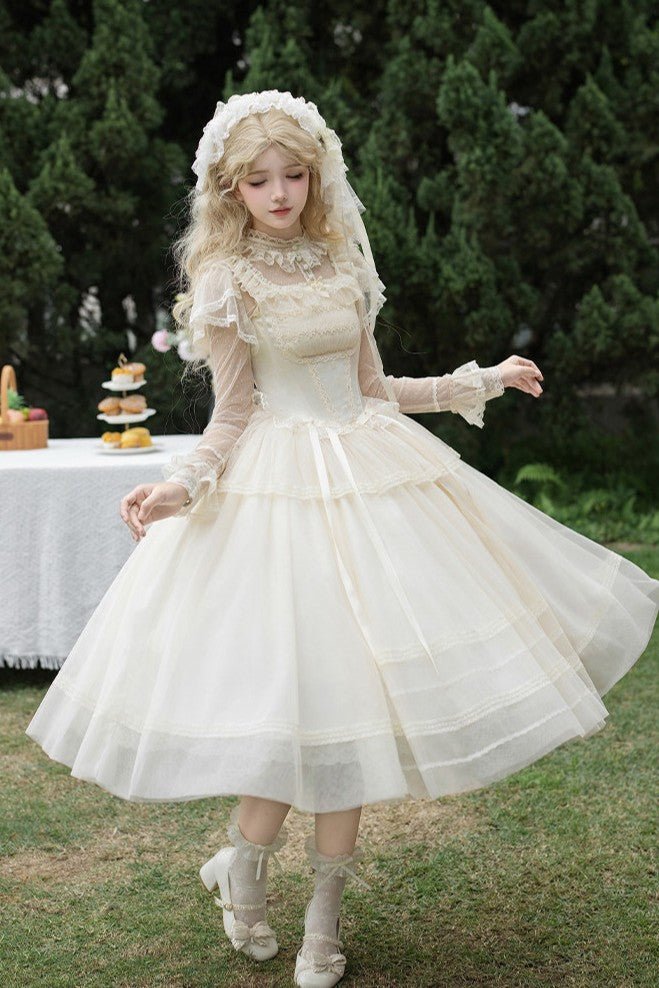 Confession Poem Boned JSK Summer Lolita Dress - LolitaEraLong JSK 4 - Piece Set (Long JSK + Headband + Flower Veil + Inner Top)SConfession Poem Boned JSK Summer Lolita Dress