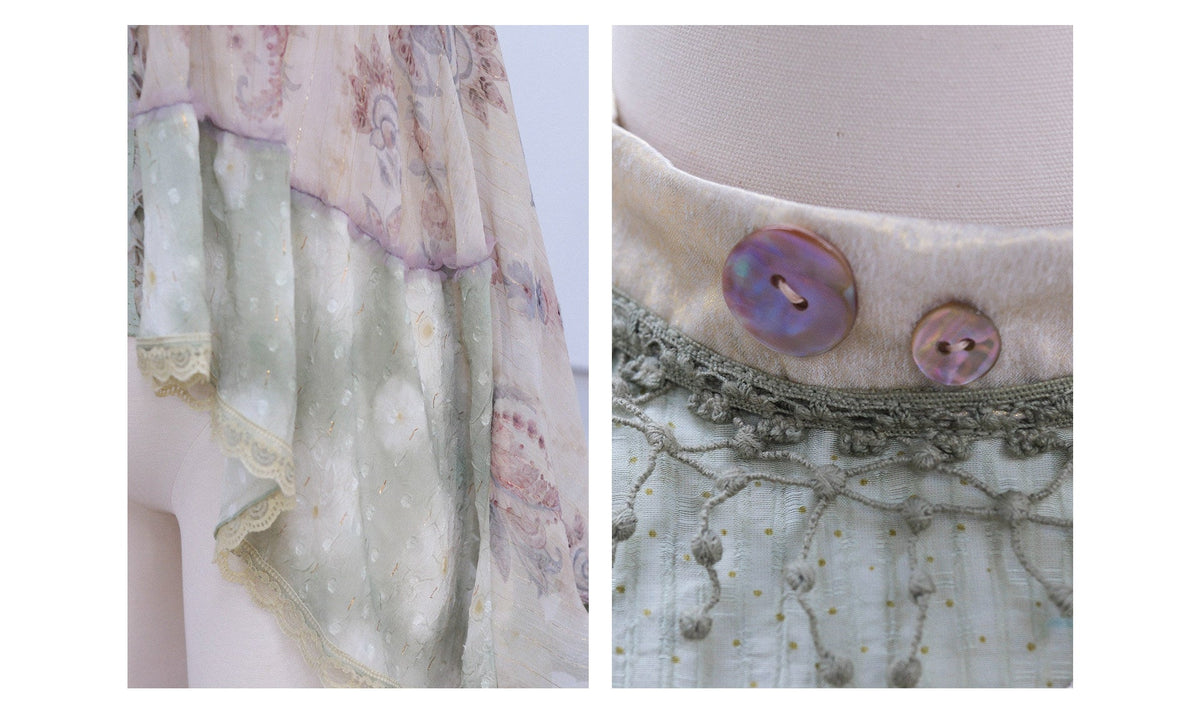 Creeping Vines Sage Green Floral Gold Thread Halter Top Skirt Mori Set - LolitaEra