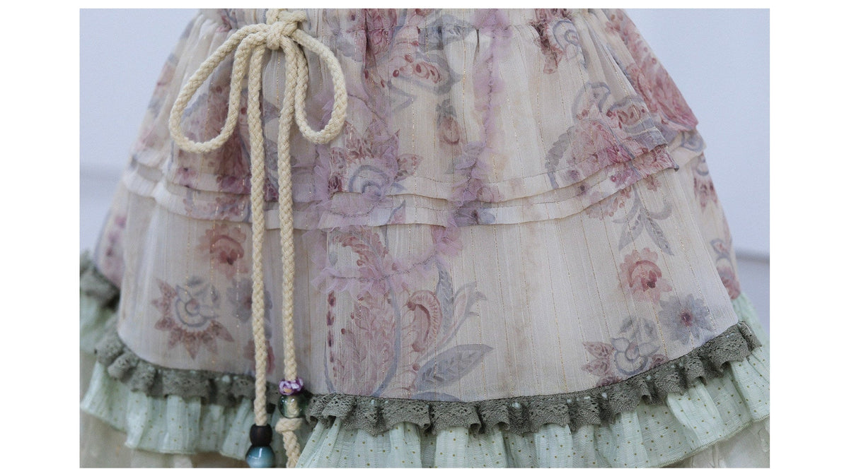 Creeping Vines Sage Green Floral Gold Thread Halter Top Skirt Mori Set - LolitaEra