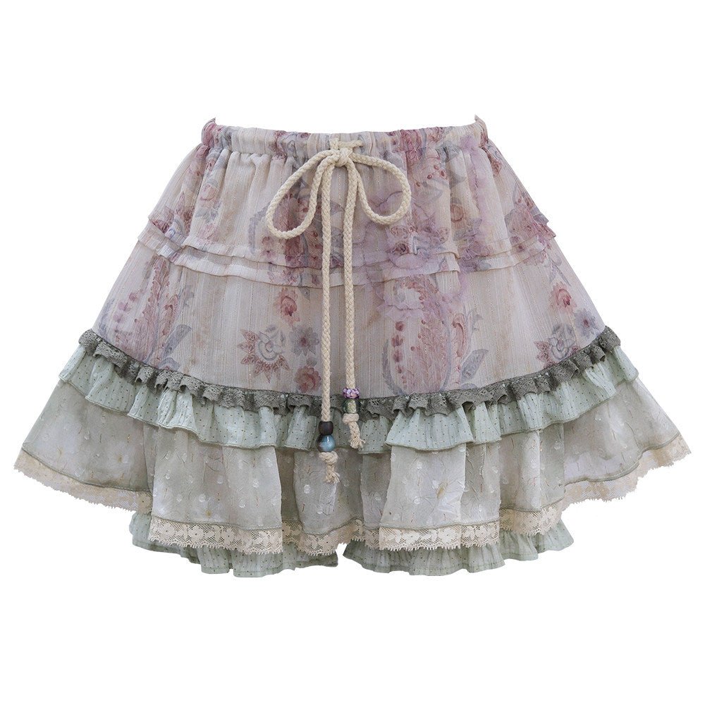 Creeping Vines Sage Green Floral Gold Thread Halter Top Skirt Mori Set - LolitaEra