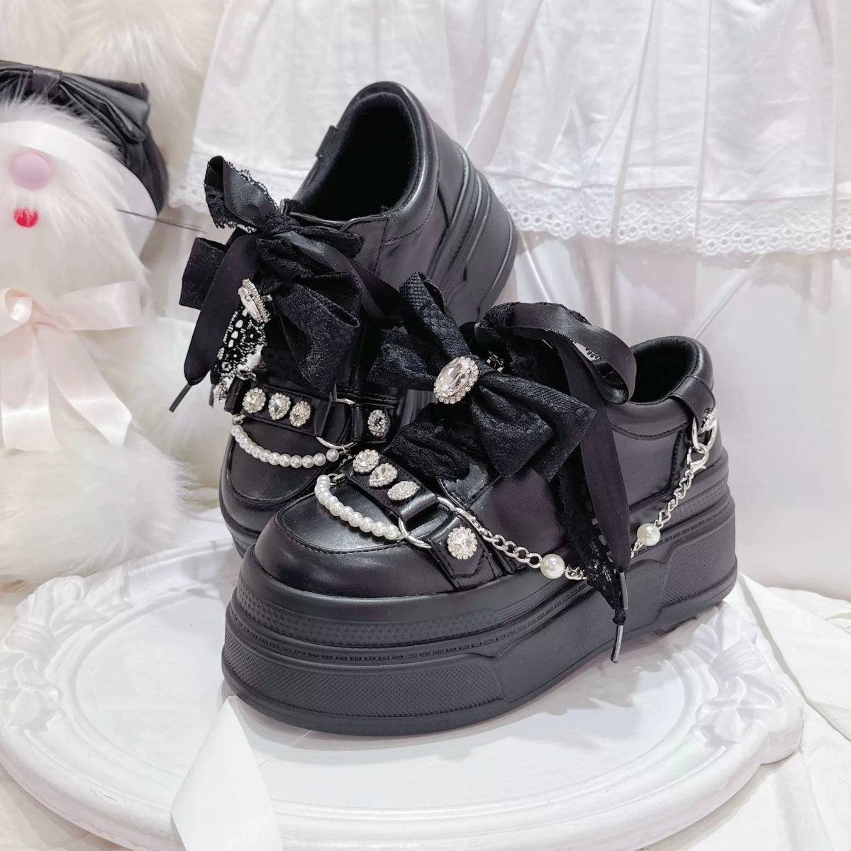 Crystal Bow Pearl Chain Lolita Platform Sneakers - LolitaEra