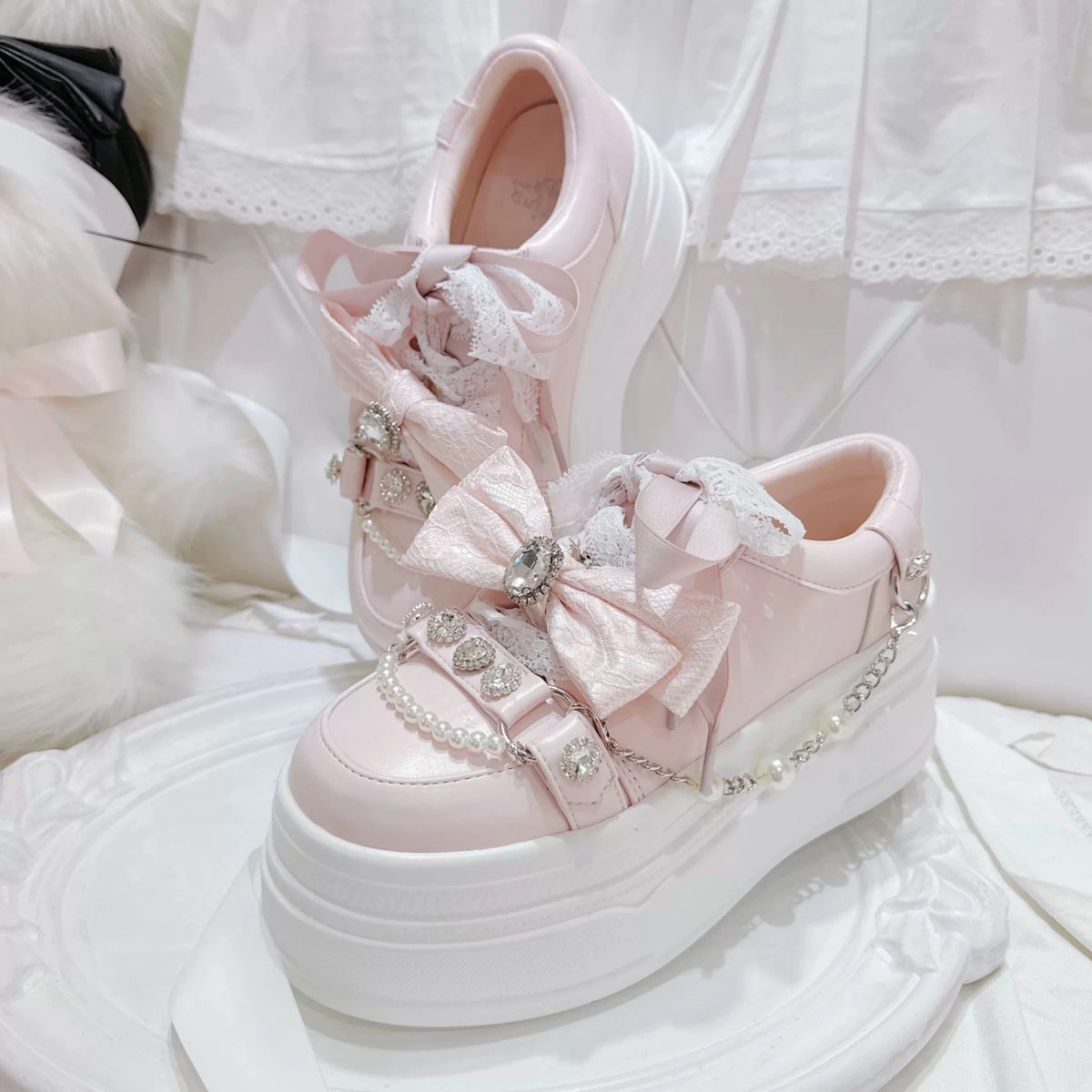 Crystal Bow Pearl Chain Lolita Platform Sneakers - LolitaEra