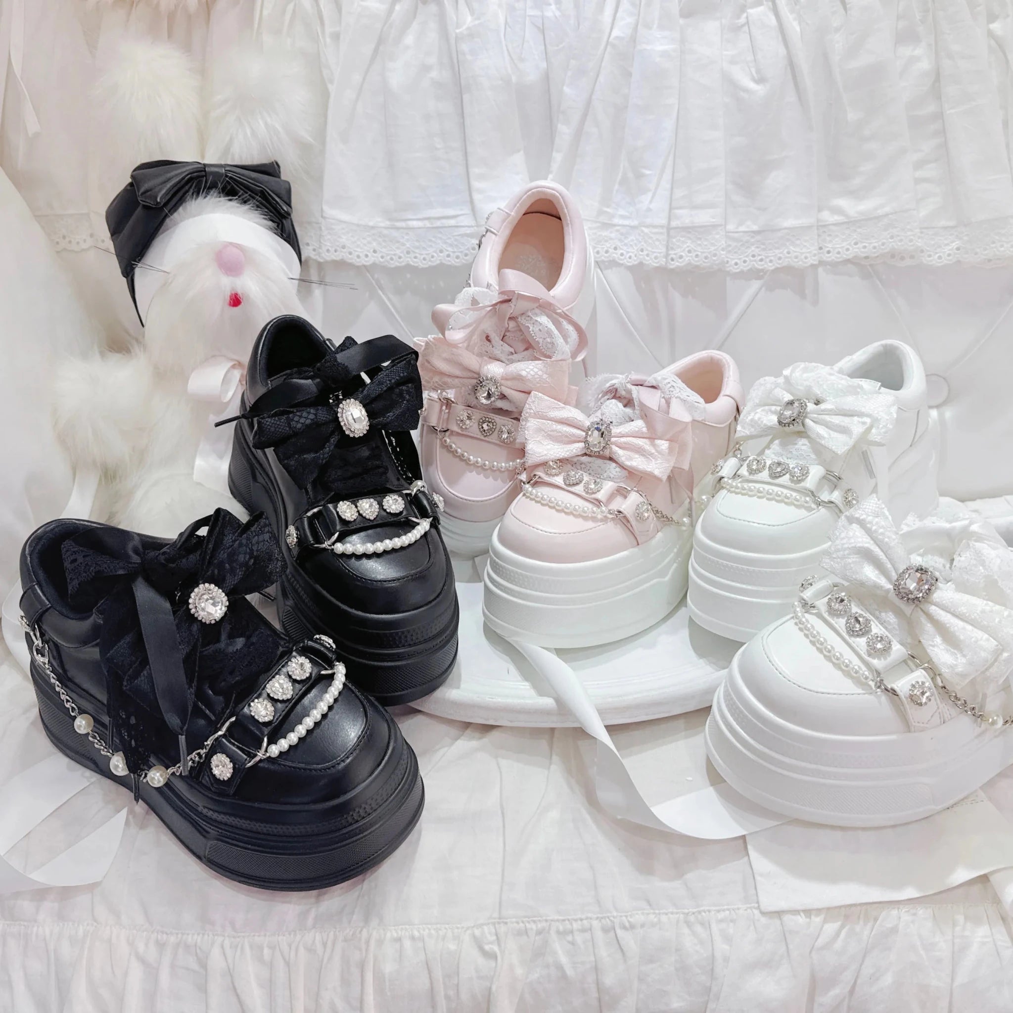 Crystal Bow Pearl Chain Lolita Platform Sneakers - LolitaEra