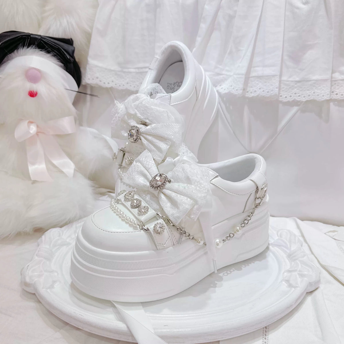 Crystal Bow Pearl Chain Lolita Platform Sneakers - LolitaEra
