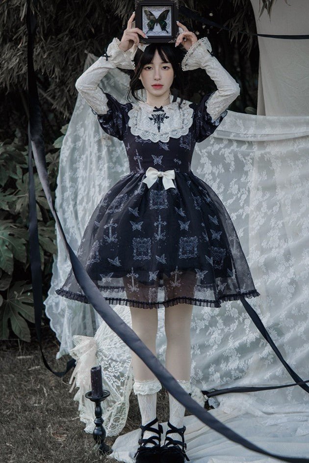 Curtain Butterfly Embroidered Print Lolita OP - LolitaEraEmbroidered Dress + Puff Sleeves & BowSCurtain Butterfly Embroidered Print Lolita OP