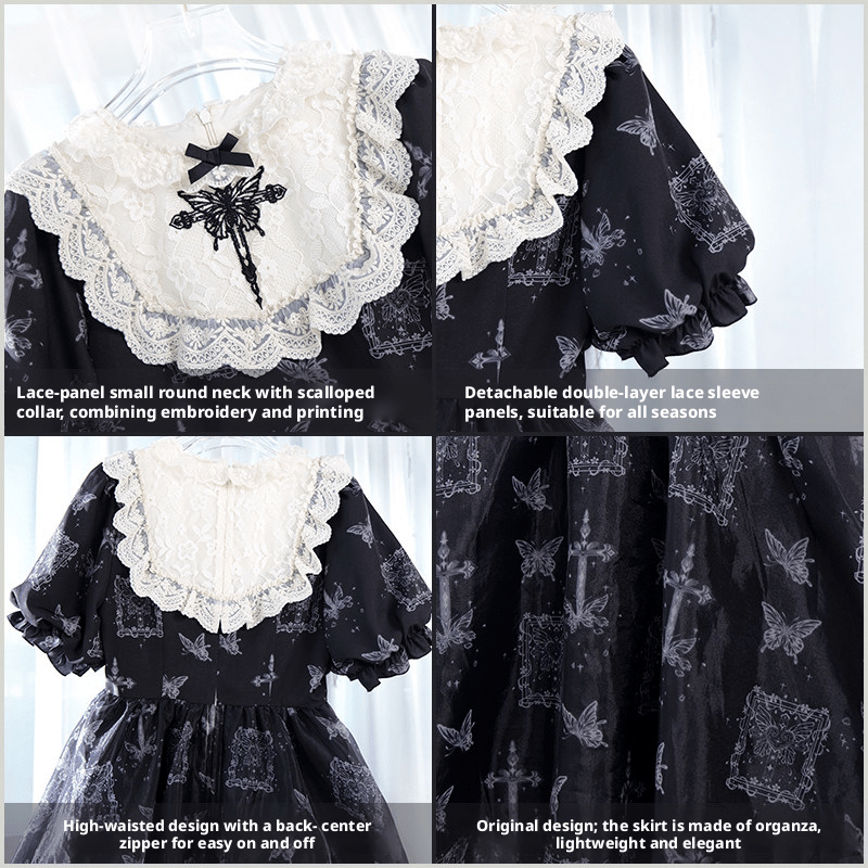 Curtain Butterfly Embroidered Print Lolita OP - LolitaEraEmbroidered Dress + Puff Sleeves & BowSCurtain Butterfly Embroidered Print Lolita OP