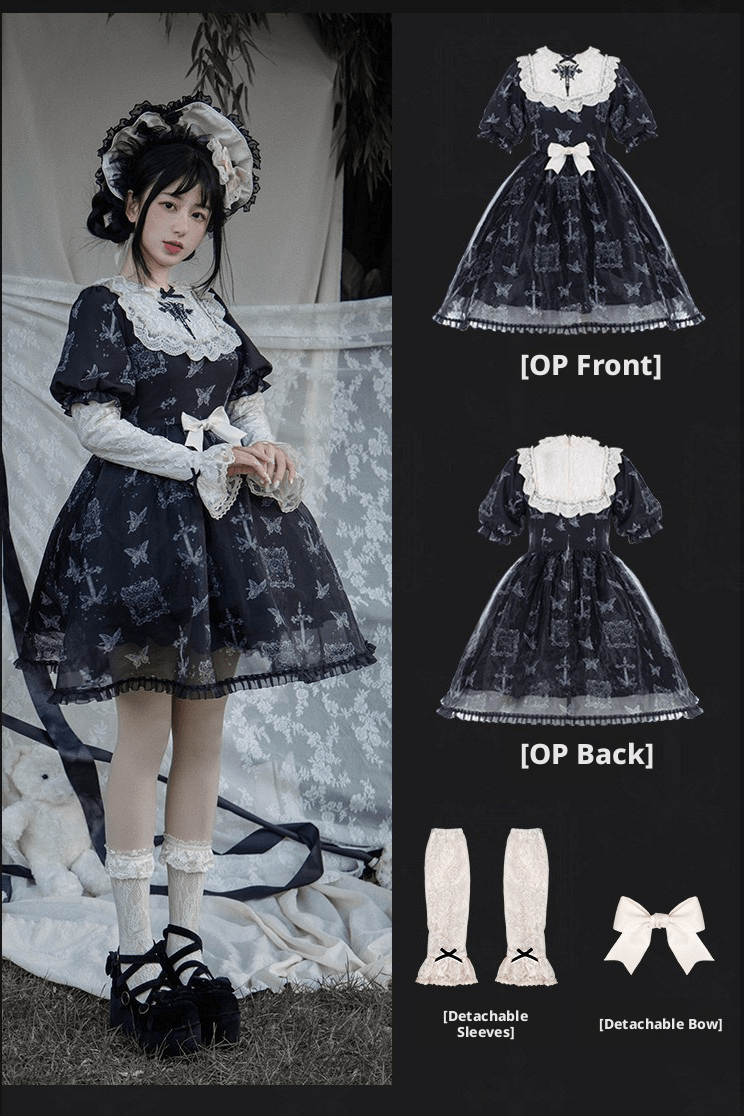 Curtain Butterfly Embroidered Print Lolita OP - LolitaEraEmbroidered Dress + Puff Sleeves & BowSCurtain Butterfly Embroidered Print Lolita OP