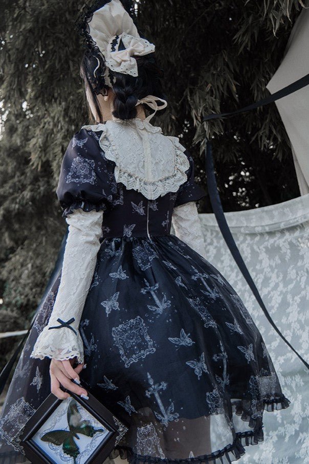 Curtain Butterfly Embroidered Print Lolita OP - LolitaEraEmbroidered Dress + Puff Sleeves & BowSCurtain Butterfly Embroidered Print Lolita OP
