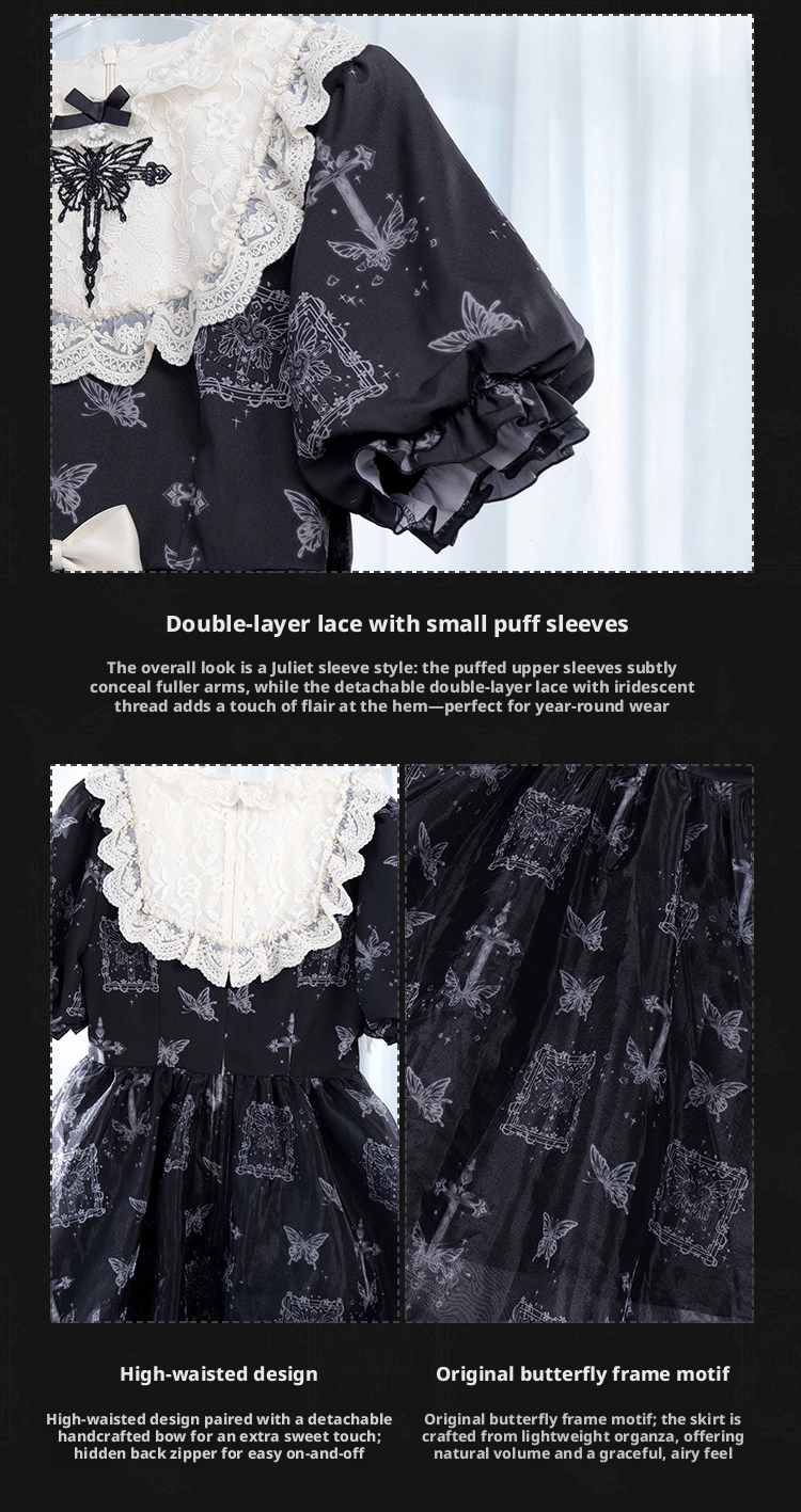 Curtain Butterfly Embroidered Print Lolita OP - LolitaEraEmbroidered Dress + Puff Sleeves & BowSCurtain Butterfly Embroidered Print Lolita OP